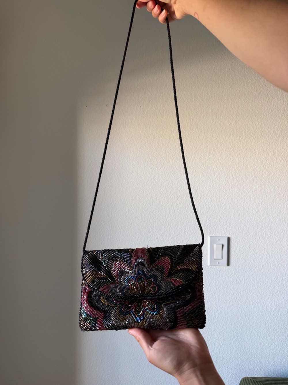 Vintage ADG Beaded Floral Evening Crossbody Bag - Black Multicolor